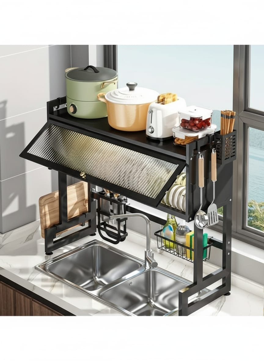 Over The Sink Dish Drying Rack, 3 Tier kitchen Drainer Drying Rack with Cover, Space Saving Large Stainless Steel Sink Dish Rack for Dishes, Bowls, Cutlery (95cm)