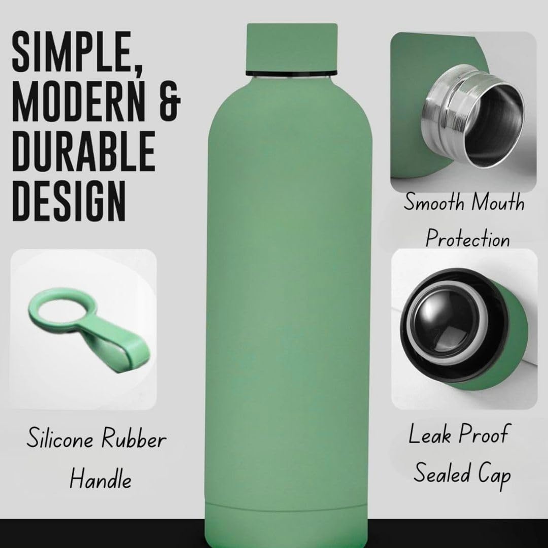 Stainless Steel Water Bottle Moss Green 1000ml| Double Insulated Water Bottle for Hot Water|Gym Leak Proof Water Bottle with Carry Rubber Handle