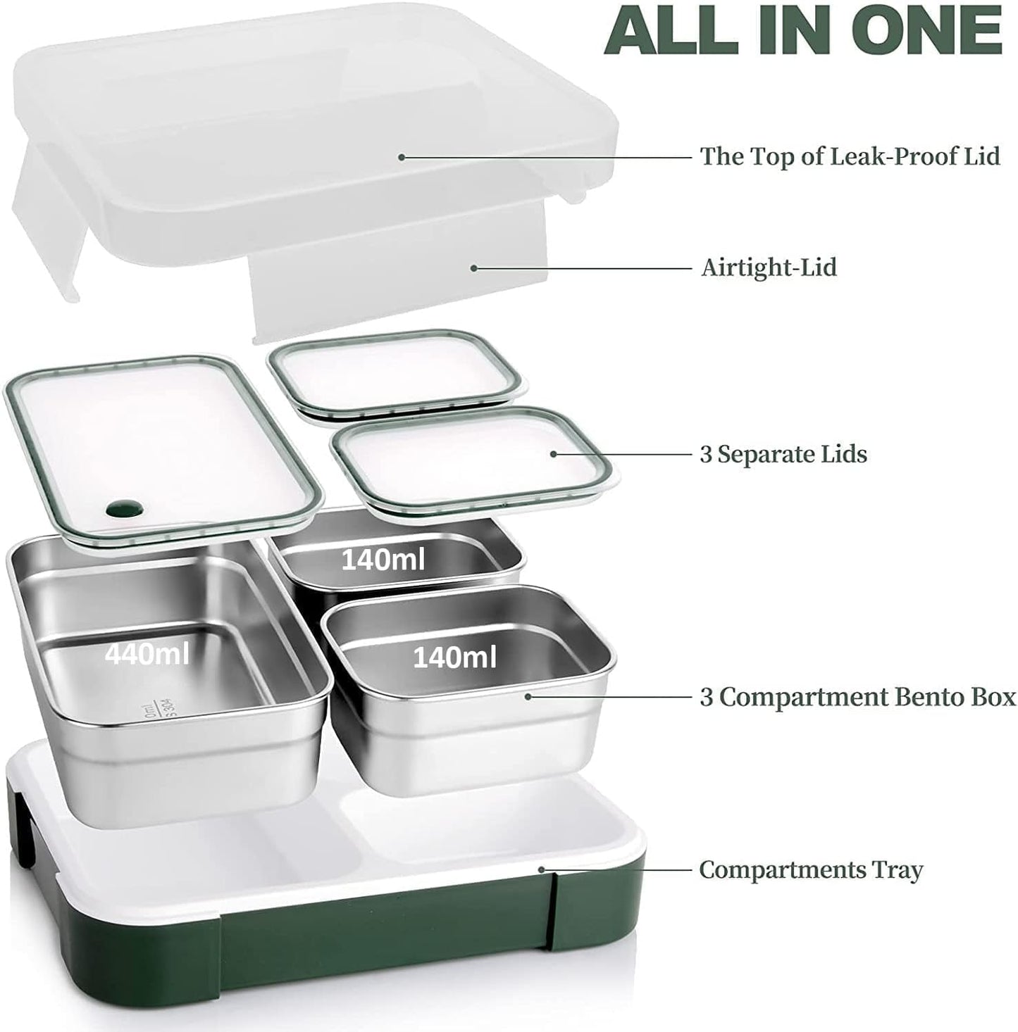 Stainless Steel Lunch Box for Kids School,Insulated with Tableware & Bag,720ML 3 Compartment Divided Lunch Containers with Lids,Leakproof | BFA Free | Small size| Dishwasher Safe (Green)