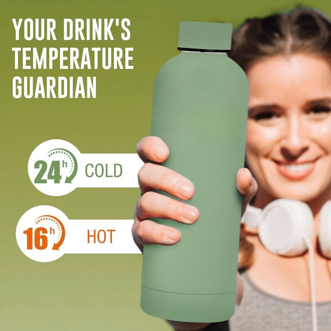 Stainless Steel Water Bottle Moss Green 1000ml| Double Insulated Water Bottle for Hot Water|Gym Leak Proof Water Bottle with Carry Rubber Handle