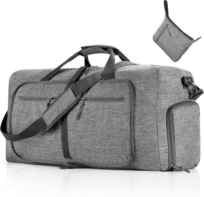 Foldable Travel Duffel Bag-Weekender Bag with Shoes Compartment, Overnight Bag for Men Women Waterproof & Tear Resistant (Gray)