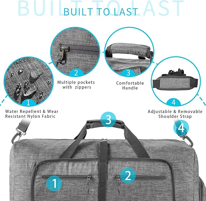 Foldable Travel Duffel Bag-Weekender Bag with Shoes Compartment, Overnight Bag for Men Women Waterproof & Tear Resistant (Gray)