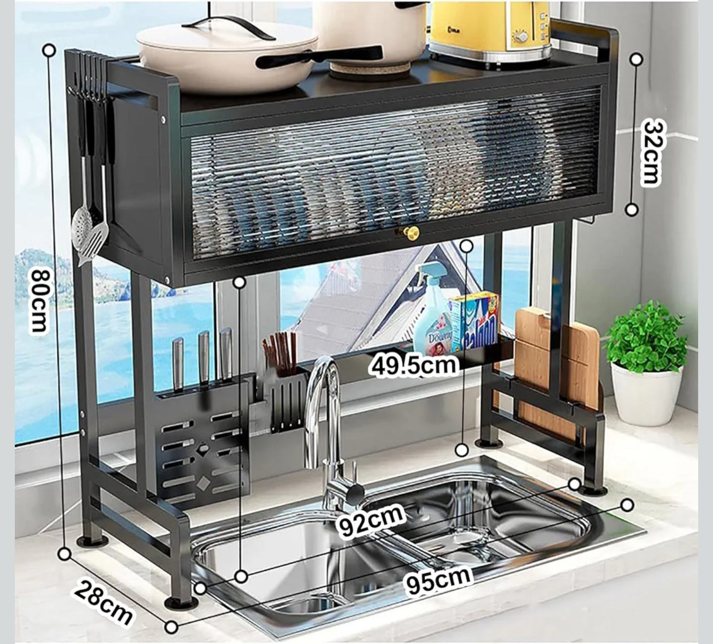 Over The Sink Dish Drying Rack, 3 Tier kitchen Drainer Drying Rack with Cover, Space Saving Large Stainless Steel Sink Dish Rack for Dishes, Bowls, Cutlery (95cm)
