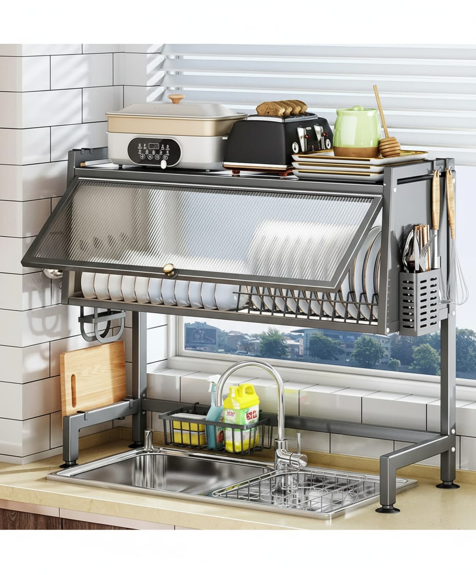 Over The Sink Dish Drying Rack, 3 Tier kitchen Drainer Drying Rack with Cover, Space Saving Large Stainless Steel Sink Dish Rack for Dishes, Bowls, Cutlery (95cm)