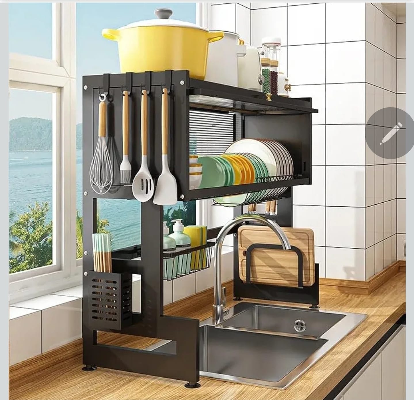 Over The Sink Dish Drying Rack, 3 Tier kitchen Drainer Drying Rack with Cover, Space Saving Large Stainless Steel Sink Dish Rack for Dishes, Bowls, Cutlery (95cm)